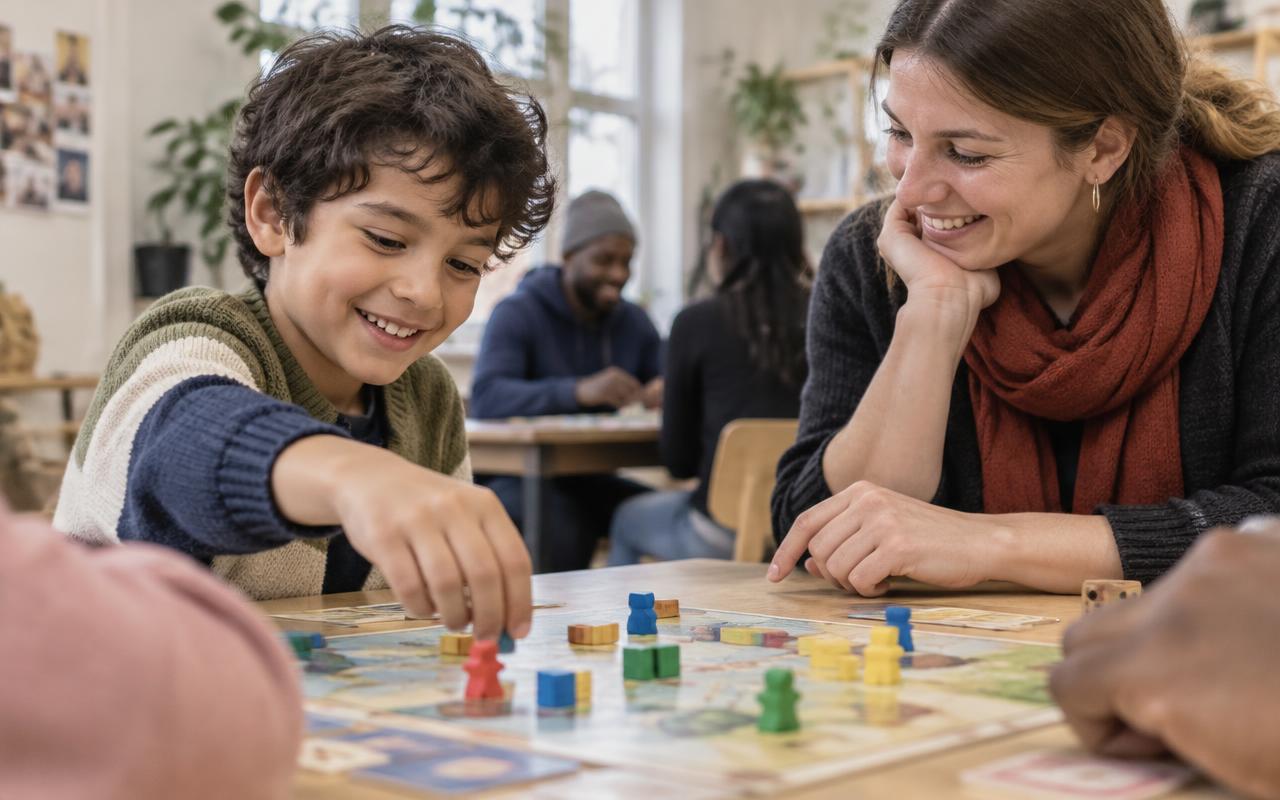 Un enfant et une professionnelle jouent ensemble à un jeu de société